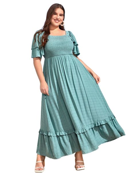 

plus shirred square neck butterfly sleeve ruffle hem dress i45s#, Black