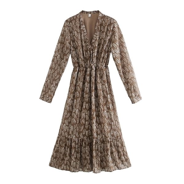

ies 2021 spring floral printing midi dress pleated v neck women dresses long sleeve elastic waist 210322, Black;gray