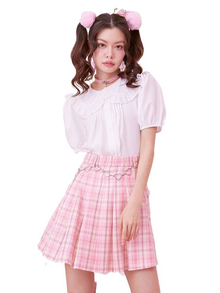 

romwe plaid pleated skirt with chain r8fq#, Black