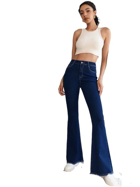 

tall high waist raw cut flare leg jeans g6id#, Blue