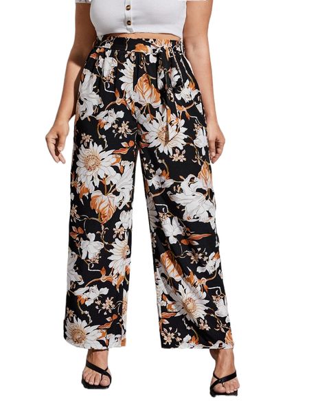 

plus floral print belted wide leg pants v208#, Black