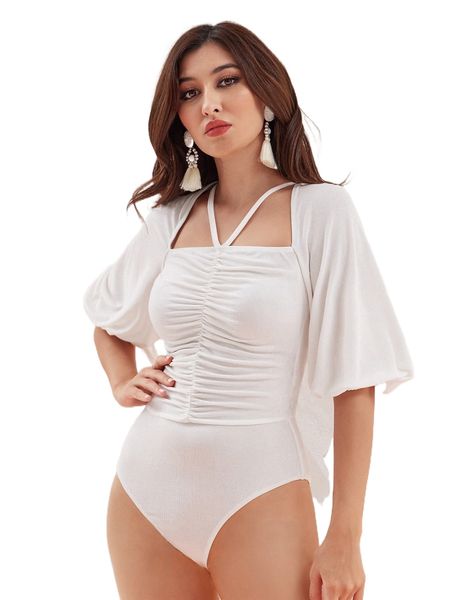 

modely lantern sleeve ruched front bodysuit f2w9#, White