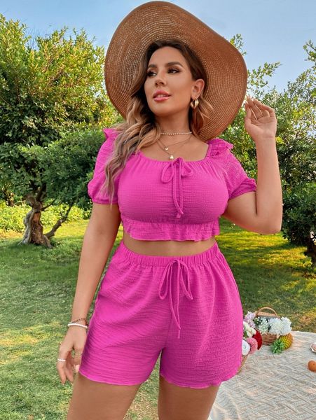 

plus tie front puff sleeve ruffle hem & shorts k1kd#, Black