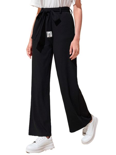 

modely patched detail belted wide leg pants b94w#, Black;white