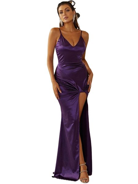 

missord ruched twist front split thigh satin formal dress u35u#, Black;gray