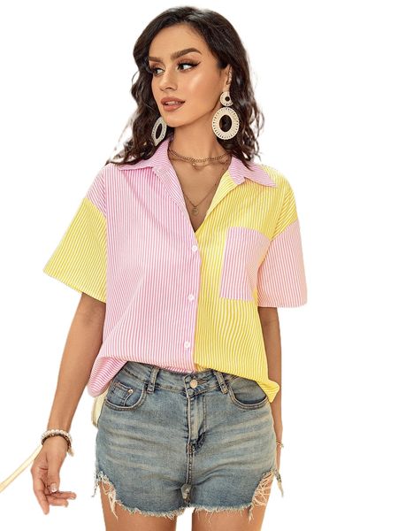 

colorblock & striped button through blouse h1h9#, White