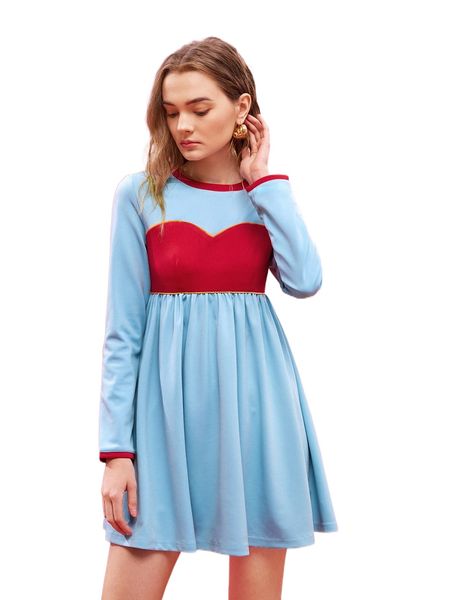 

x j.kao contrast trim tie back 2 in 1 dress e456#, Black;gray