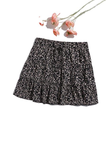 

ditsy floral ruffle hem skirt p5gf#, Black