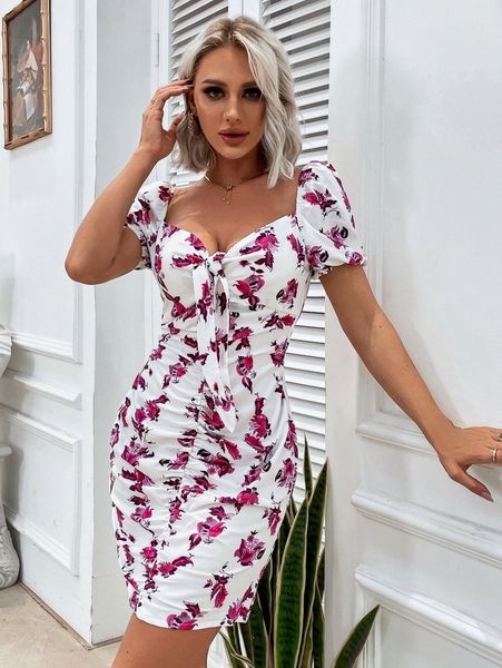 

eilly bazar floral sweetheart neck tie front bodycon dress 61ga#, Black;gray