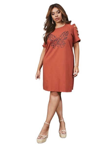 

plus leopard & butterfly print cut out raglan sleeve tee dress 45yo#, Black