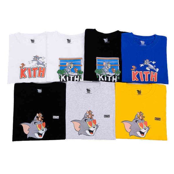

street designer high tide brand men's t-shirts kith cat mouse printed short-sleeved cartoon for men women tee cotton, White;black