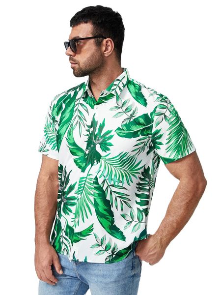 

extended sizes men tropical print button through shirt f5ns#, White;black
