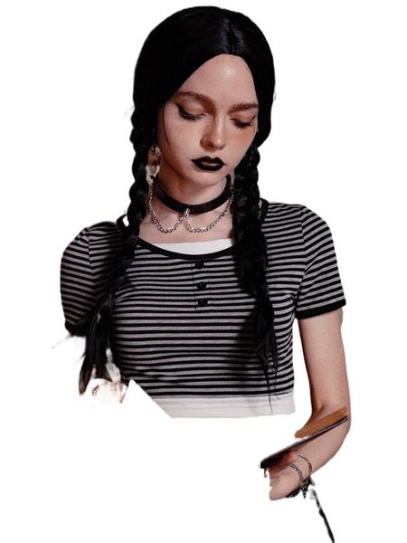 

romwe dark academia 2 in 1 striped button crop tee v7uy#, White