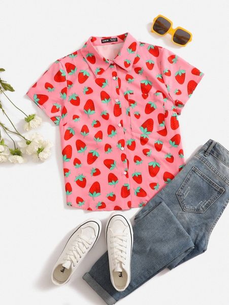 

strawberry print button up p0js#, White
