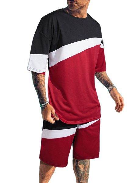 

men color block drop shoulder tee & shorts q93k#, Gray