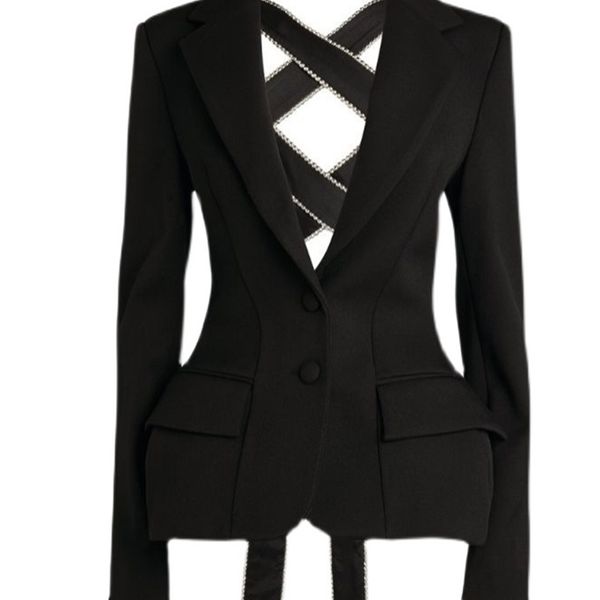 

twotwinstyle black cut out bandage bowknot blazers for women notched collar long sleeve solid jackets female clothing style 220810, White;black