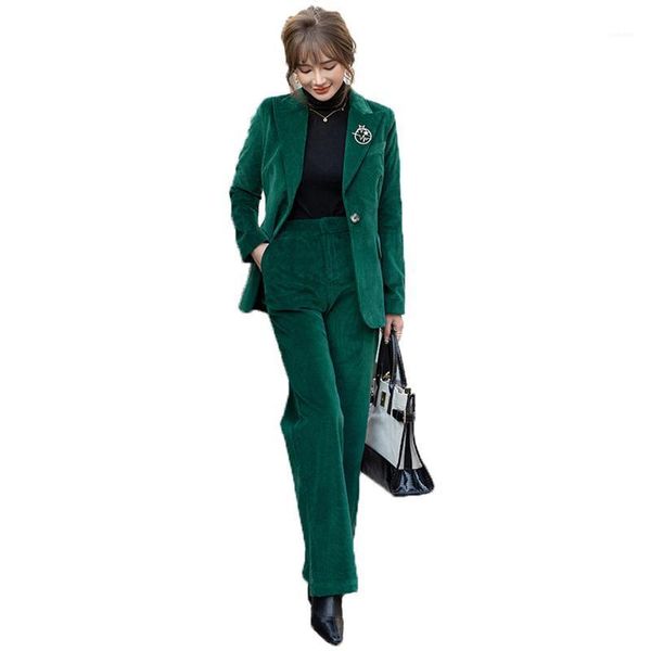 Calças de duas peças femininas 2022 Autumn e Winter Corduroy Blazer Green Green Terno de duas peças Mulheres Profissão de moda Trabalho de escritório Use ternos