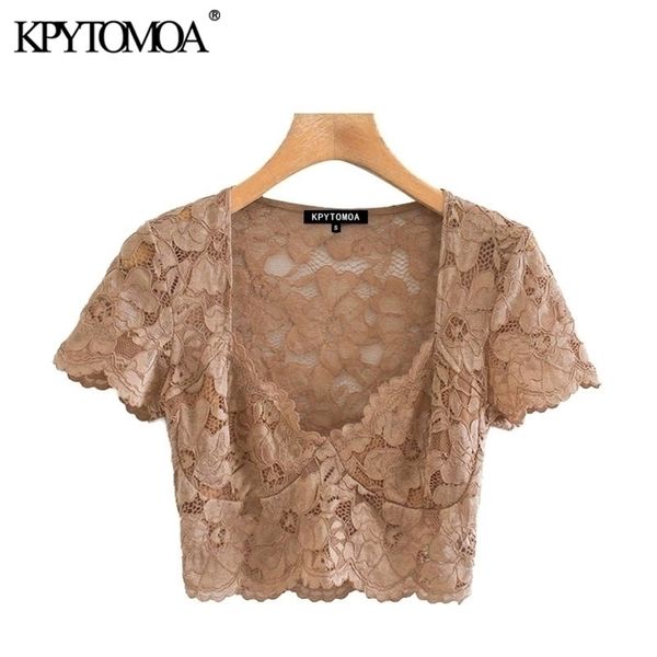 

kpytomoa women fashion see through lace cropped blouses vintage v neck short sleeve female shirts blusas chic 210326, White