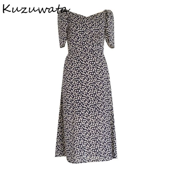 

kuzuwata summer new puff long sleeve women dresses fresh chic cherry print dress v neck slim fit high wist split vestidos 210319, Black;gray