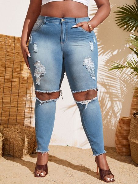 

plus high waisted raw hem ripped jeans a9z3#, Blue