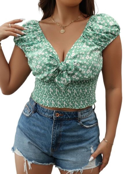 

plus ditsy floral tight hem knot bust crop blouse o9t9#, Black
