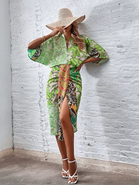 

floral & paisley print v neck batwing sleeve dress 94se#, Black;gray