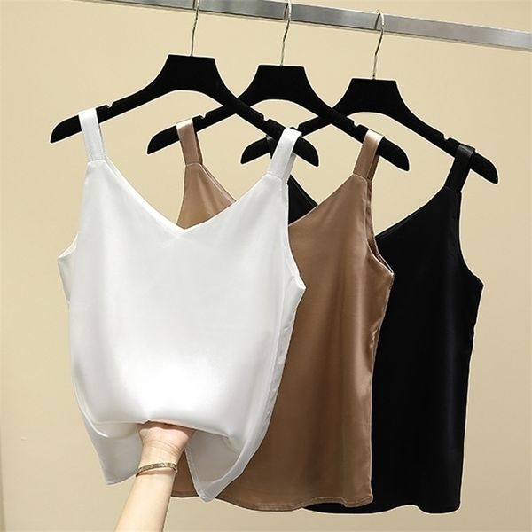 Moda Tank Tops Kadın Saten Ipek Beyaz Spagetti Kayışı Halter Üst V Boyun Cami Kolsuz Kadın Yaz Kaşkorse Femme 220318