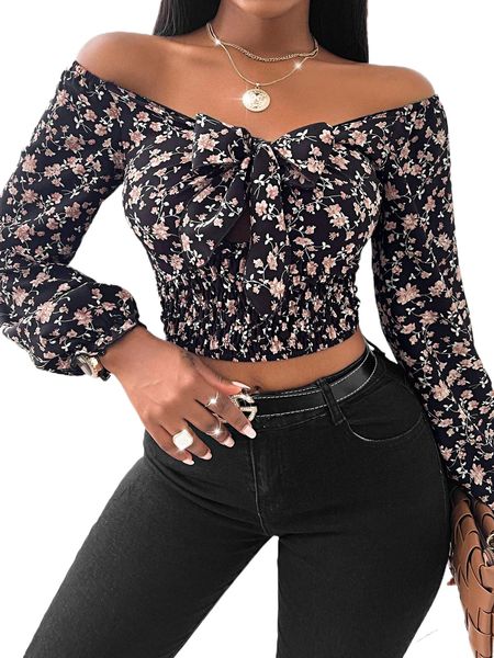 

floral print bow front bardot blouse 48bc#, White