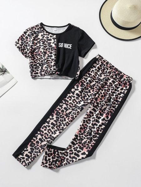 

girls letter & leopard print knot front tee & side stripe pants she, White