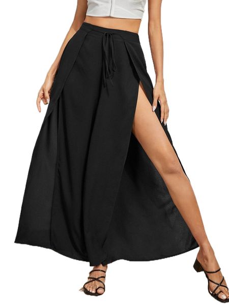 

tie front wrap hem wide leg pants r2og#, Black;white