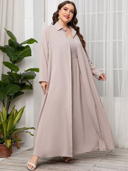 

plus solid open front coat & shirred maxi dress z6ks#, Black