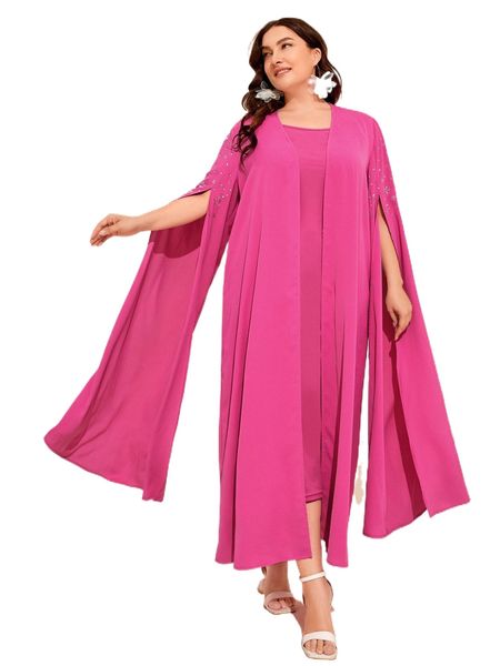 

plus rhinestone split sleeve coat & bodycon dress y4nw#, Black