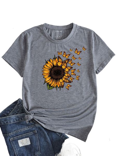 

sunflower and butterfly print tee z1jr#, White