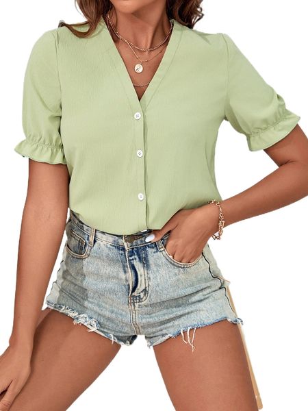

flounce sleeve button front blouse p0bx#, White