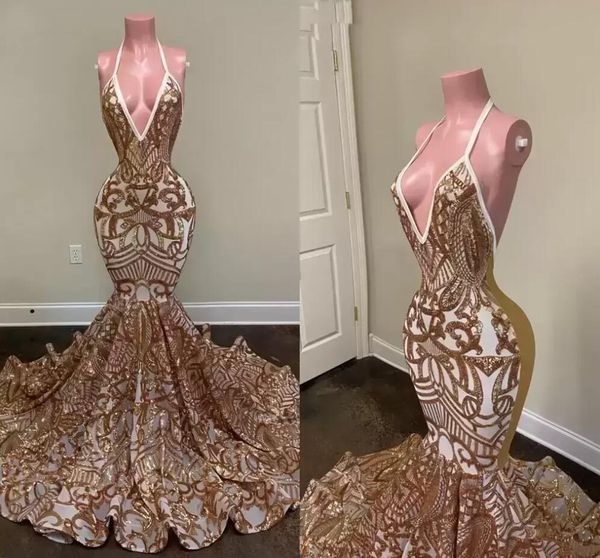 2022 oro rosa paillettes abiti da ballo sirena sexy halter backless custom made lunghezza del pavimento senza maniche festa di laurea abito da ballo abiti da sera formale BES121