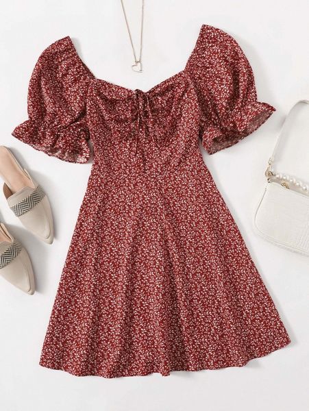 

allover plants print drawstring front ruffle cuff dress m7ly#, Black;gray