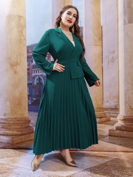 

plus lapel neck tie side pleated hem wrap dress l8tv#, Black