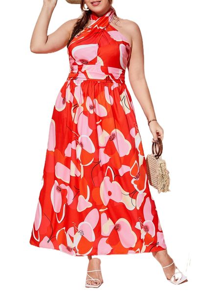 

plus floral print shirred back halter neck dress a58x#, Black