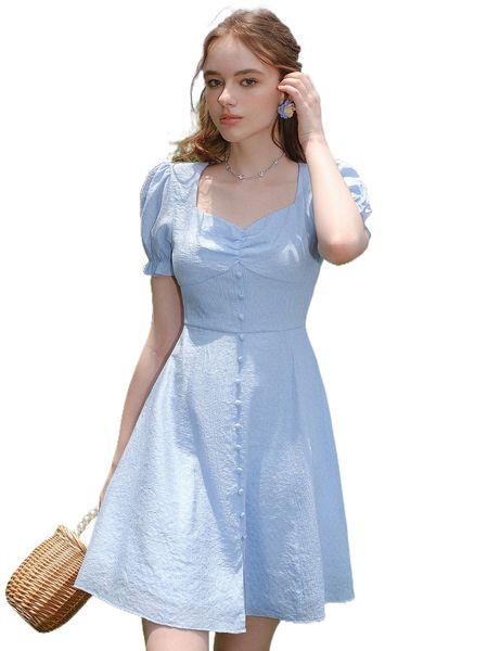 

button front puff sleeve dress m04m#, Black;gray