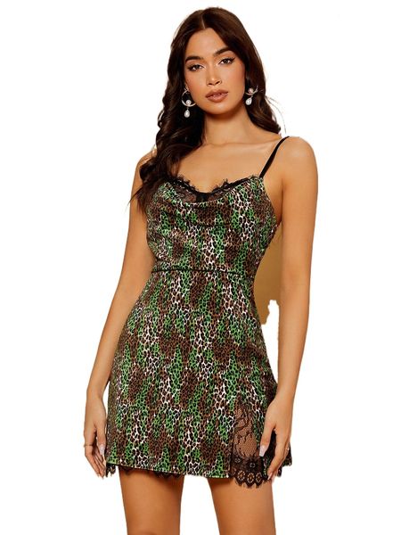 

leopard print contrast lace cami dress 46xy#, Black;gray