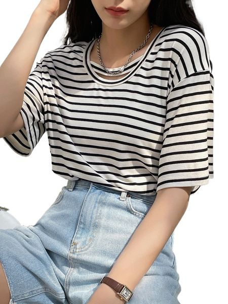 

dazy-less striped cut out drop shoulder tee d7lv#, White