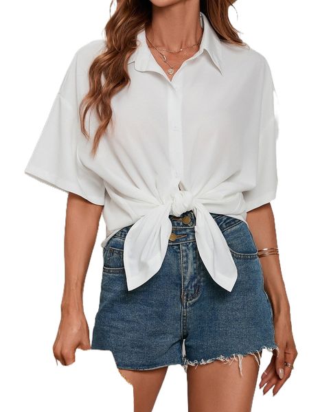 

button front drop shoulder blouse f8an#, White