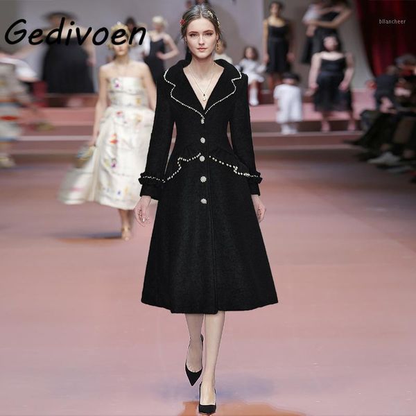 Misto lana da donna Gedivoen Runway Fashion 2022 Inverno Cappotto lungo nero Colletto rovesciato Con perline Bellissimo soprabito monopetto femminile