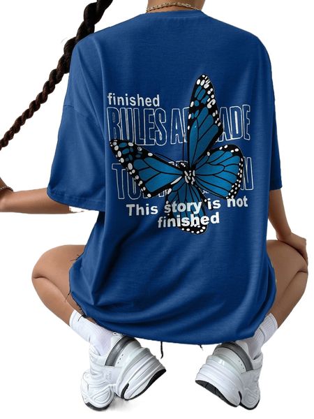 

drop shoulder slogan & butterfly print tee a6ru#, White