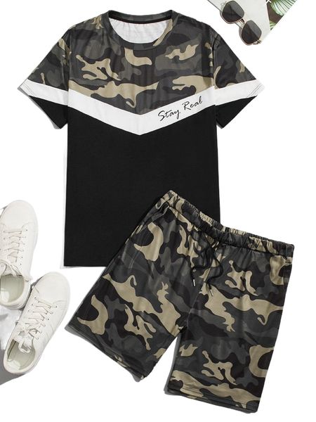 

men camo and letter graphic tee & shorts v7f6#, Gray