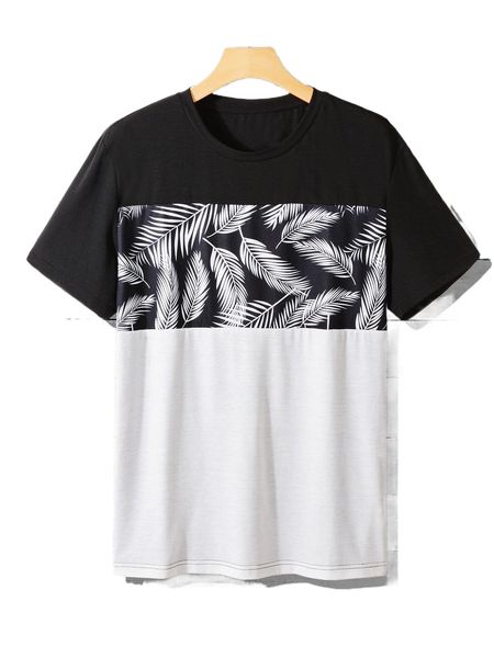 

men colorblock tropical print tee w6t1#, White;black