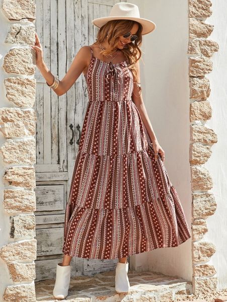 

ditsy floral & geo print tie front ruffle hem cami dress c2pv#, Black;gray