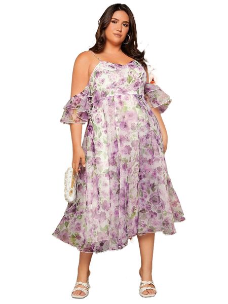 

plus floral print ruffle trim cold shoulder bridesmaid dress 83j3#, Black