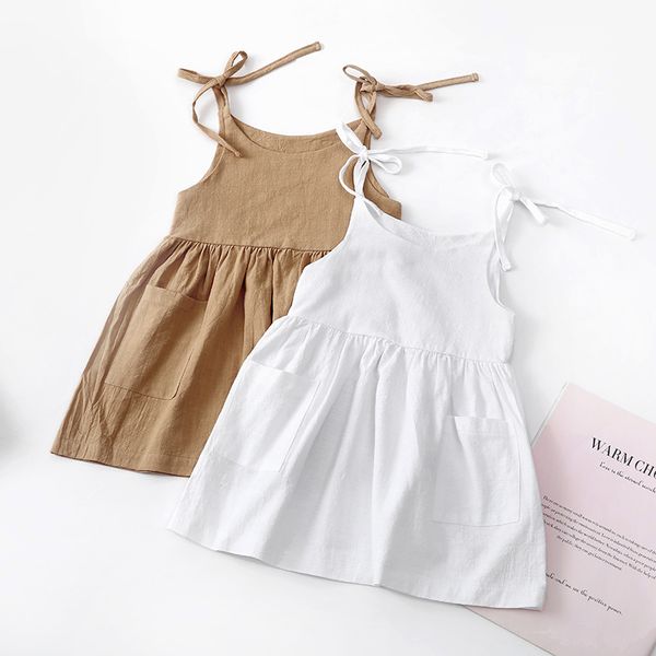 Летнее платье для маленьких девочек, однотонное хлопковое детское платье без рукавов, детский сарафан, платье-комбинация, модная одежда для девочек
