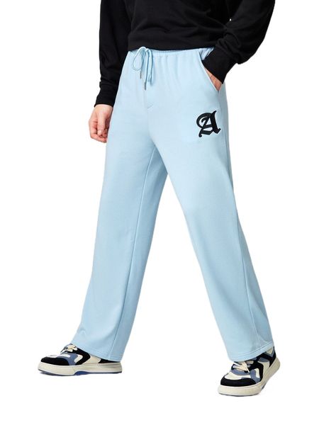 

men letter embroidery drawstring waist sweatpants q79v#, Black
